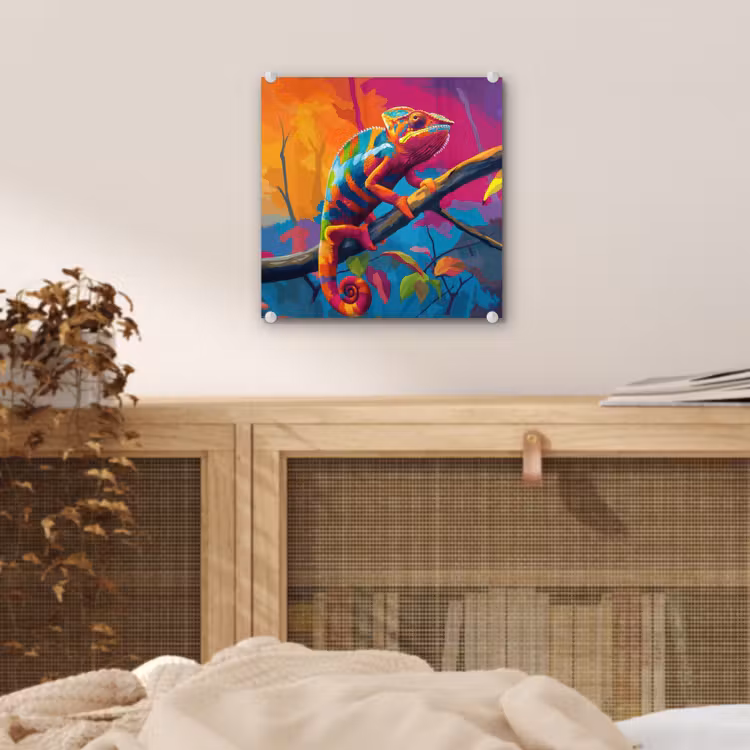 Glas schilderij - Kameleon - Tak - Gestreept - Bladeren — 5