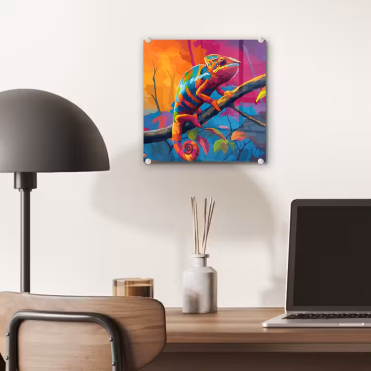 Glas schilderij - Kameleon - Tak - Gestreept - Bladeren — 7