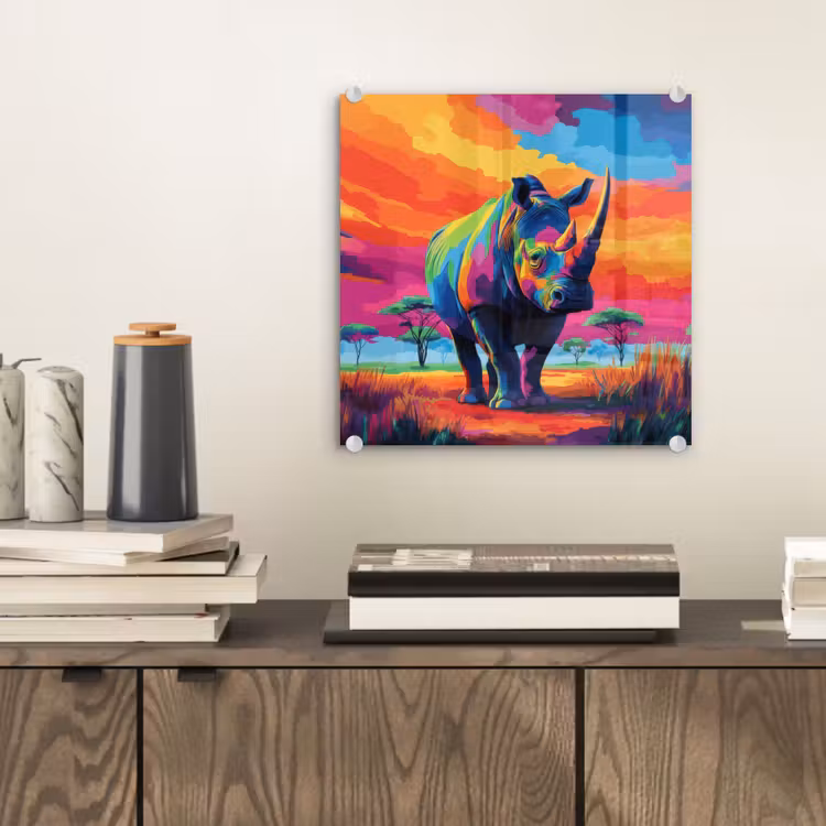 Glas schilderij - Neushoorn - Zonsondergang - Savanna - Kleurrijk — 2