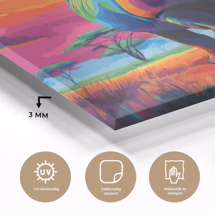 Glas schilderij - Neushoorn - Zonsondergang - Savanna - Kleurrijk — 3