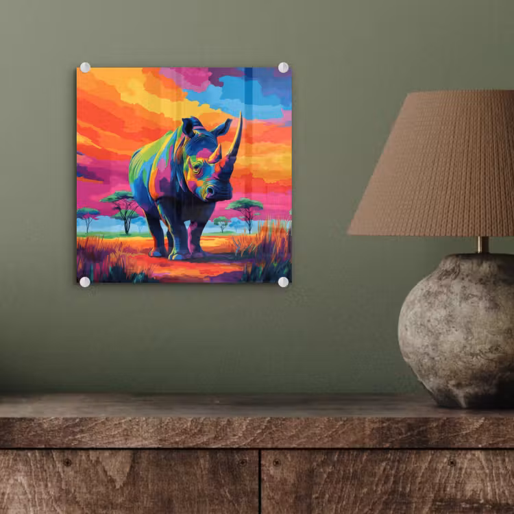 Glas schilderij - Neushoorn - Zonsondergang - Savanna - Kleurrijk — 4