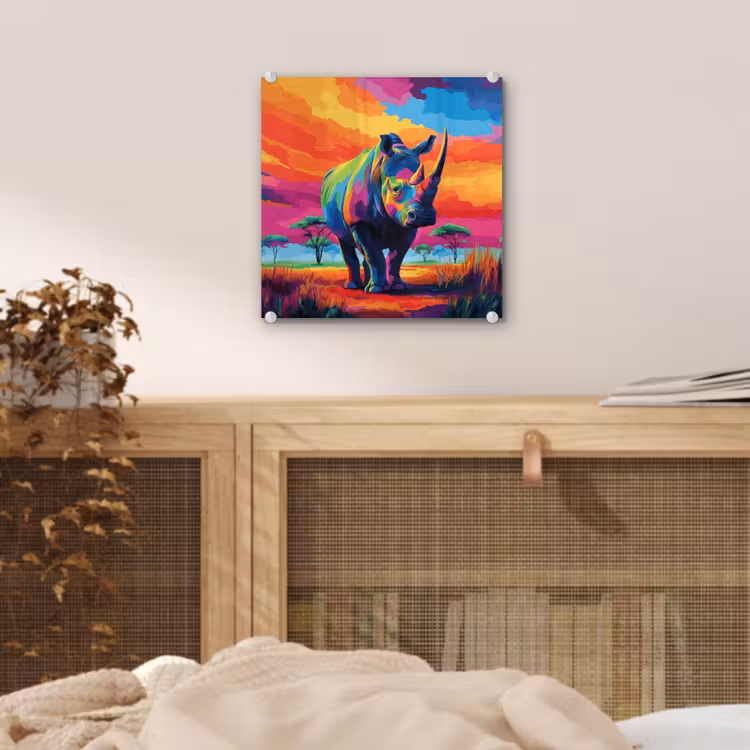 Glas schilderij - Neushoorn - Zonsondergang - Savanna - Kleurrijk — 5