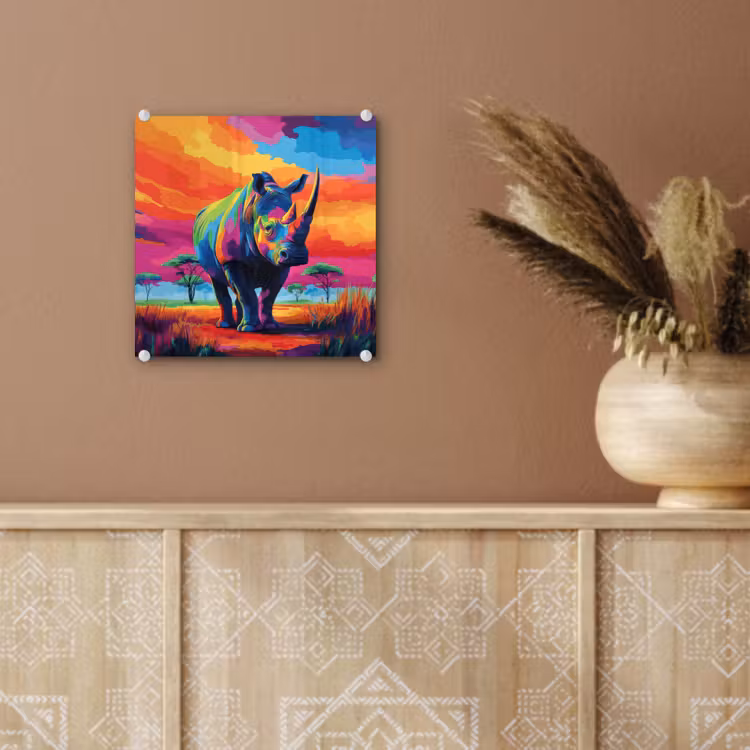 Glas schilderij - Neushoorn - Zonsondergang - Savanna - Kleurrijk — 6
