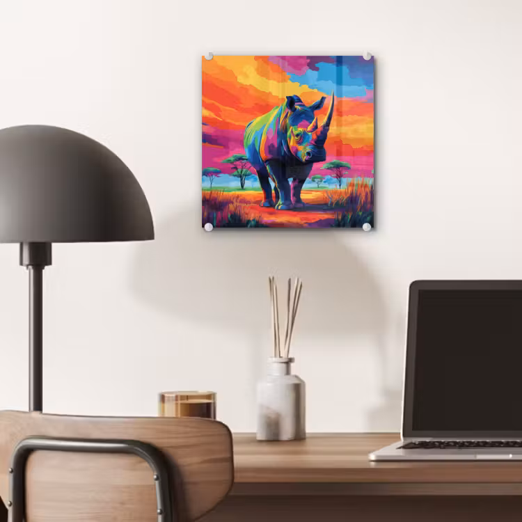 Glas schilderij - Neushoorn - Zonsondergang - Savanna - Kleurrijk — 7