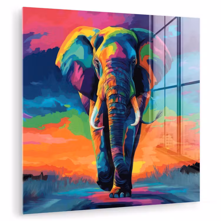 Glas schilderij - Olifant - Kleurrijk - Lucht - Abstract — 1