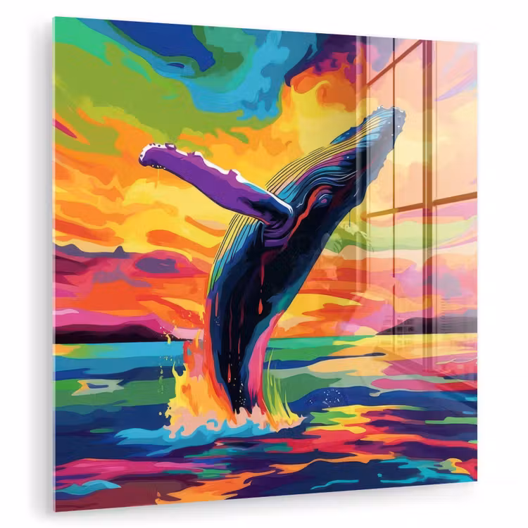 Glas schilderij - Zonsondergang - Walvis - Geschilderd - Kleurrijk — 1