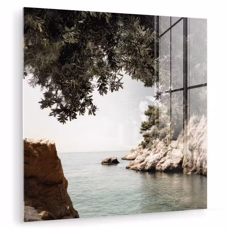Glas schilderij - Olijfboom Baai Rotsen