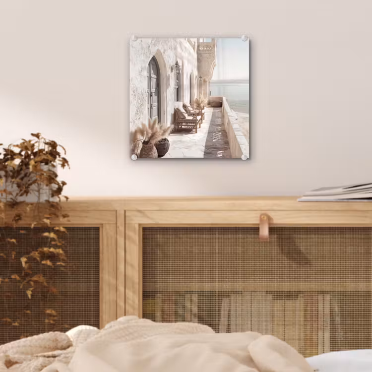 Glas schilderij - Mediterraan Terras aan Zee Beige — 5