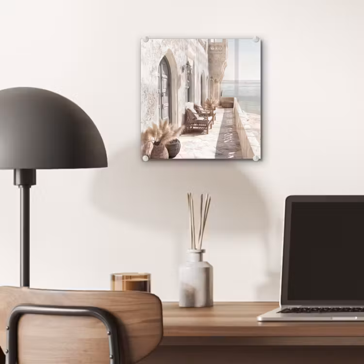 Glas schilderij - Mediterraan Terras aan Zee Beige — 7