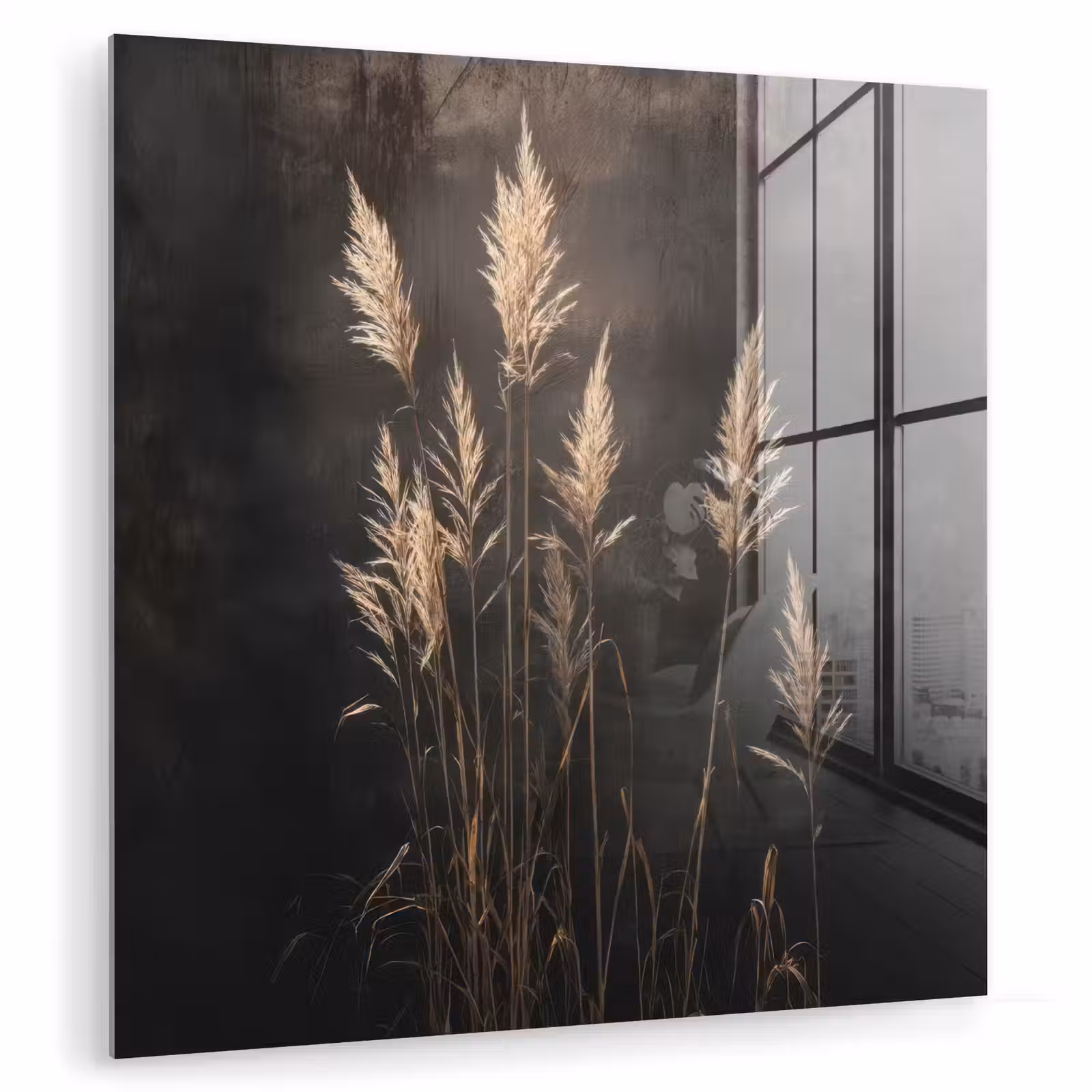 Glas schilderij - Siergras - Pluimen - Verlichting - Zwart — 1