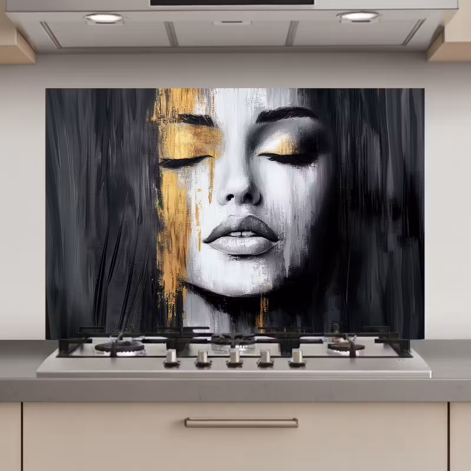 Spatscherm keuken - Gezicht - Vrouw - Penseelstreken - Abstract — 1