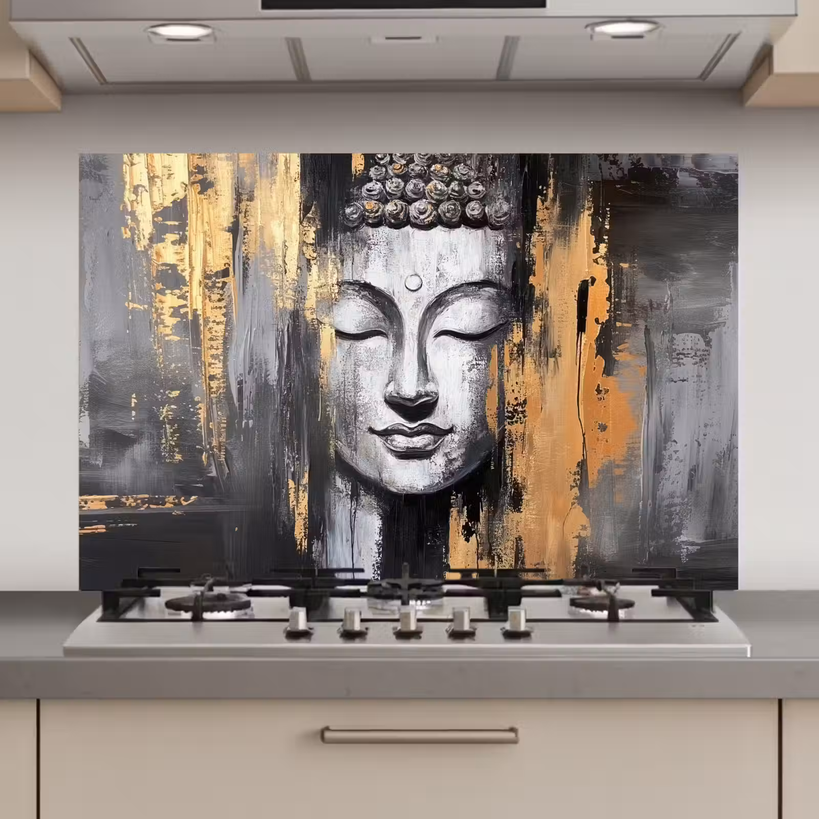 Spatscherm keuken - Boedhha - Penseelstreken - Goud - Abstract — 1