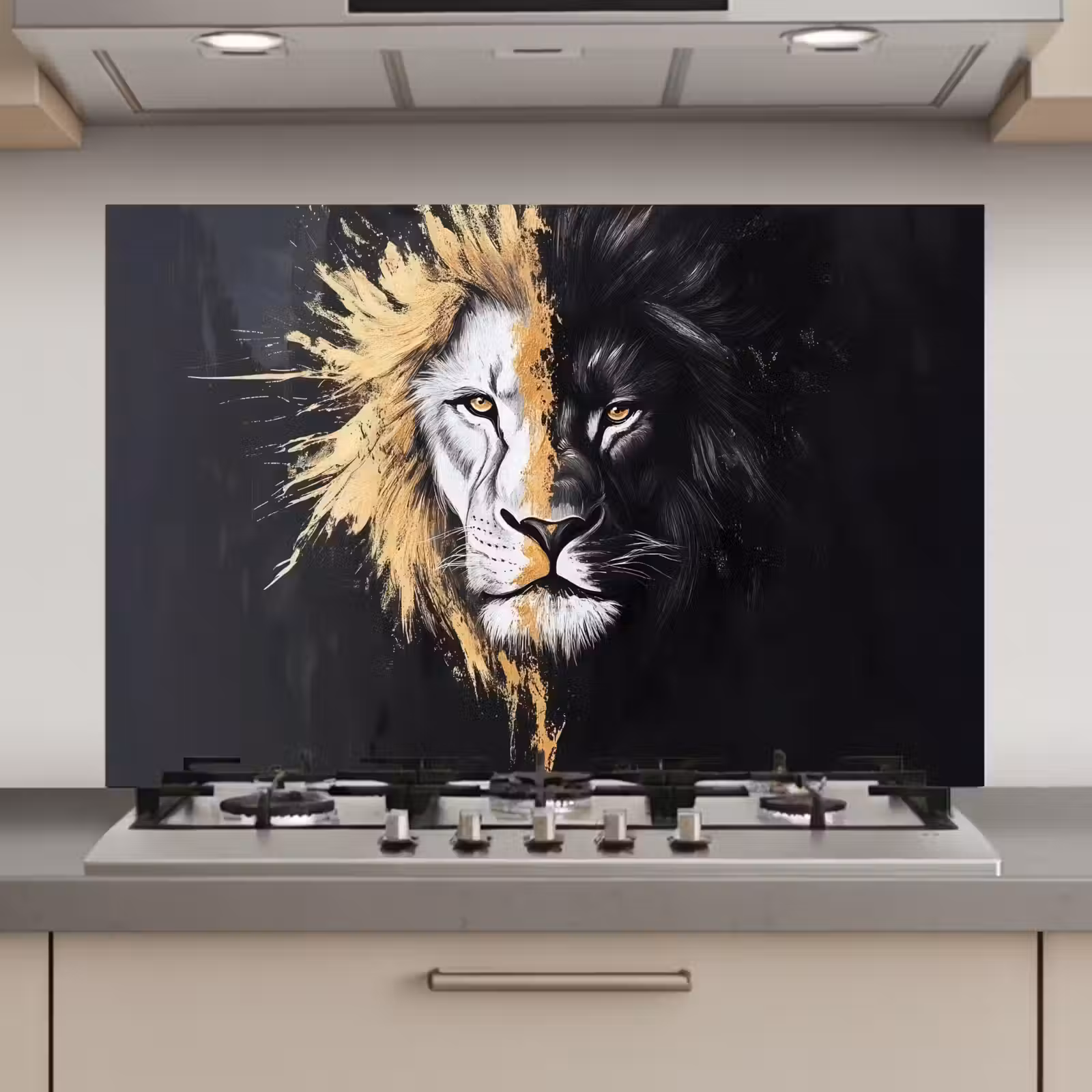 Spatscherm keuken - Leeuw - Gesplitst - Zwart - Lijn — 1