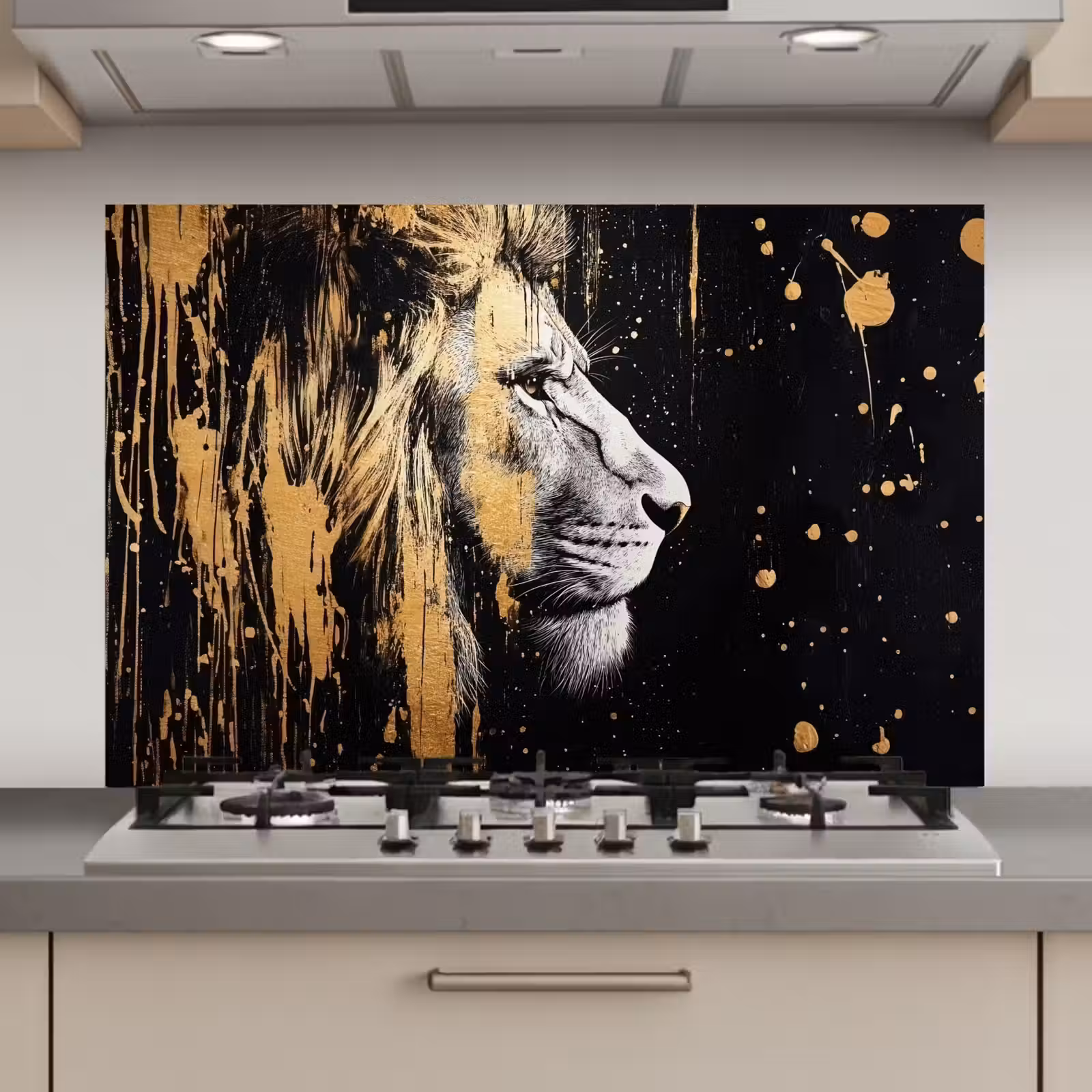 Spatscherm keuken - Portret - Leeuw - Abstract - Goud — 1