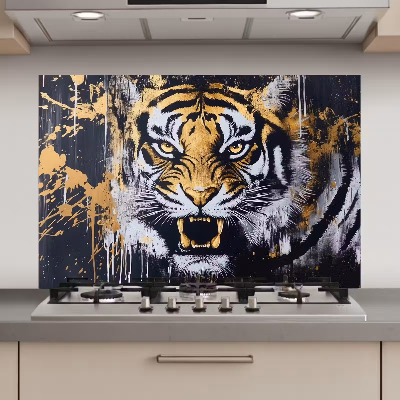 Spatscherm keuken - Tijger - Verfspatten - Goud — 1