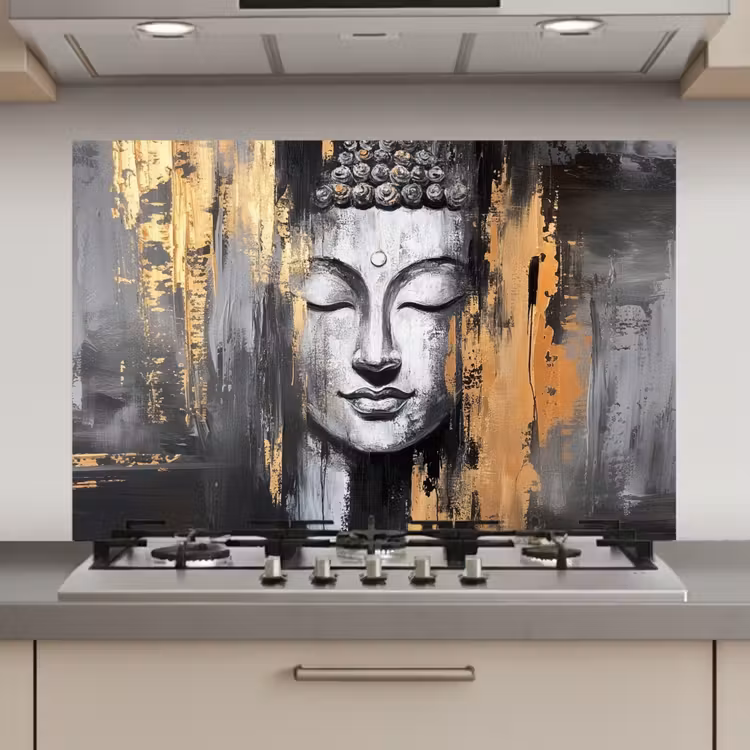 Spatscherm keuken - Boedhha - Penseelstreken - Goud - Abstract — 1
