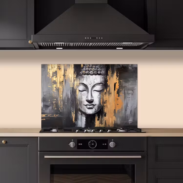 Spatscherm keuken - Boedhha - Penseelstreken - Goud - Abstract — 2