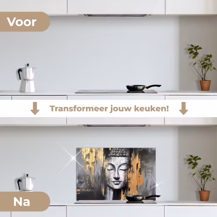 Spatscherm keuken - Boedhha - Penseelstreken - Goud - Abstract — 3