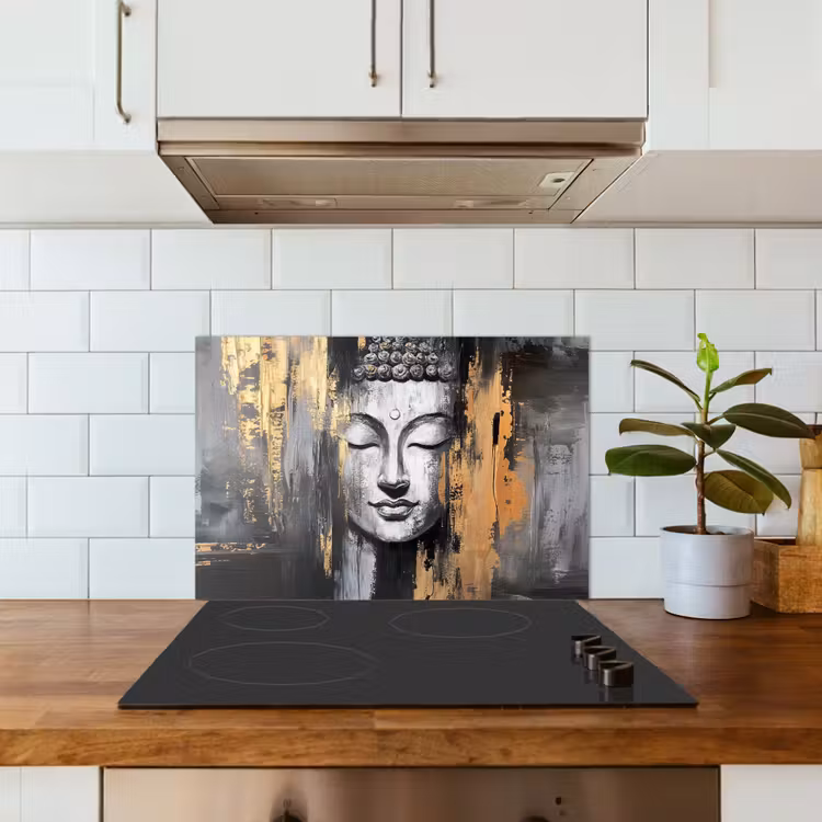 Spatscherm keuken - Boedhha - Penseelstreken - Goud - Abstract — 6