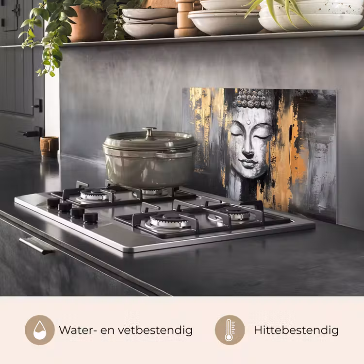 Spatscherm keuken - Boedhha - Penseelstreken - Goud - Abstract — 7
