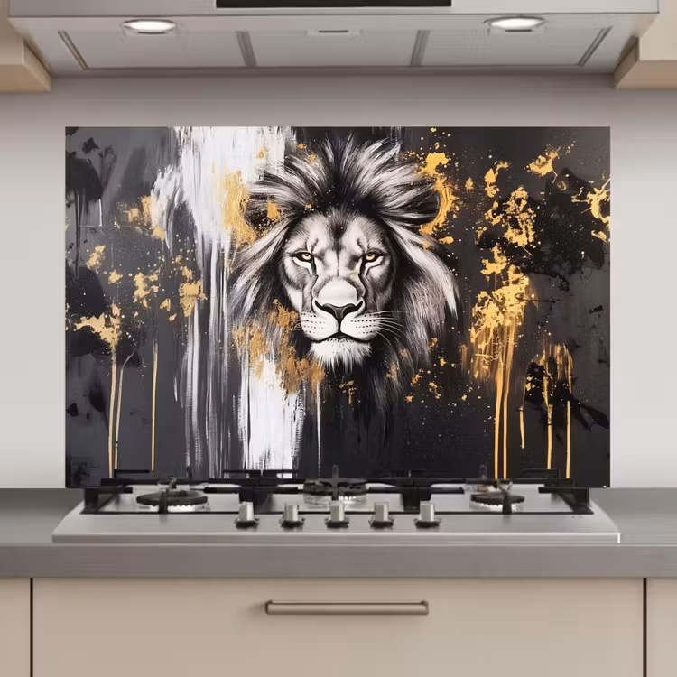 Spatscherm keuken - Leeuw - Portret - Verfspatten - Grijs — 1