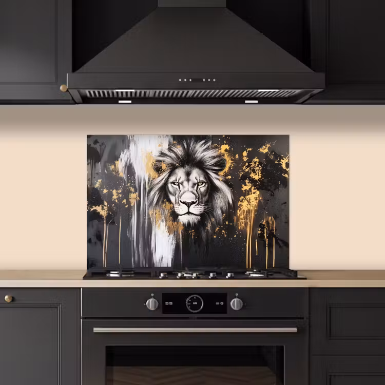 Spatscherm keuken - Leeuw - Portret - Verfspatten - Grijs — 2