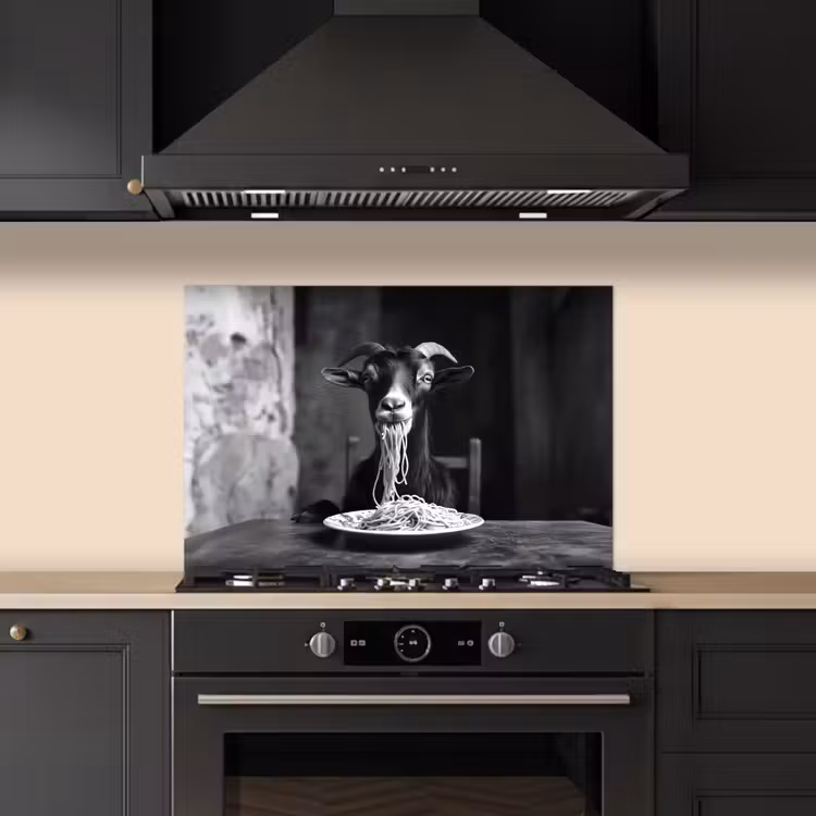 Spatscherm keuken - Geit Spaghetti Eten Zwart Wit — 2