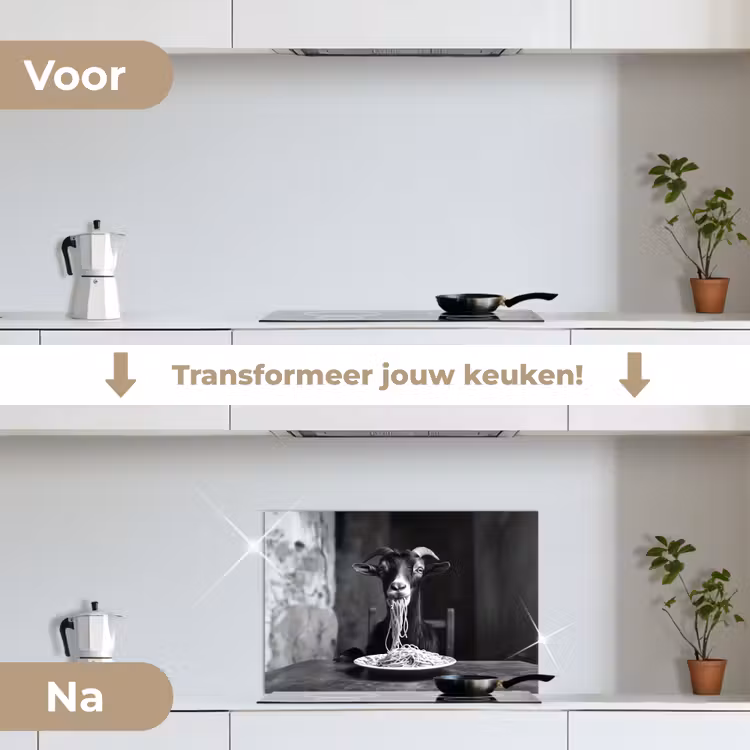 Spatscherm keuken - Geit Spaghetti Eten Zwart Wit — 3
