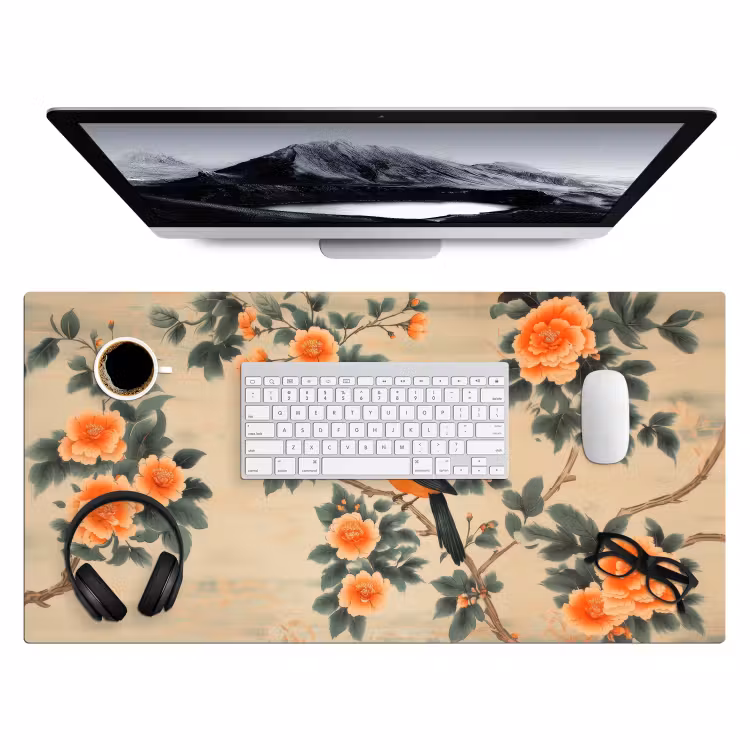 Bureau onderlegger - Vogel - Tak - Bloemen - Oranje — 3