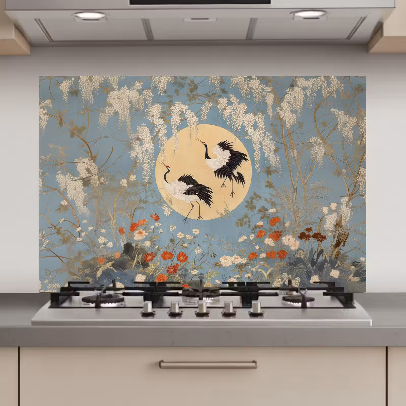 Spatscherm keuken - Kraanvogels - Maan - Bloemen - Blauw — 1