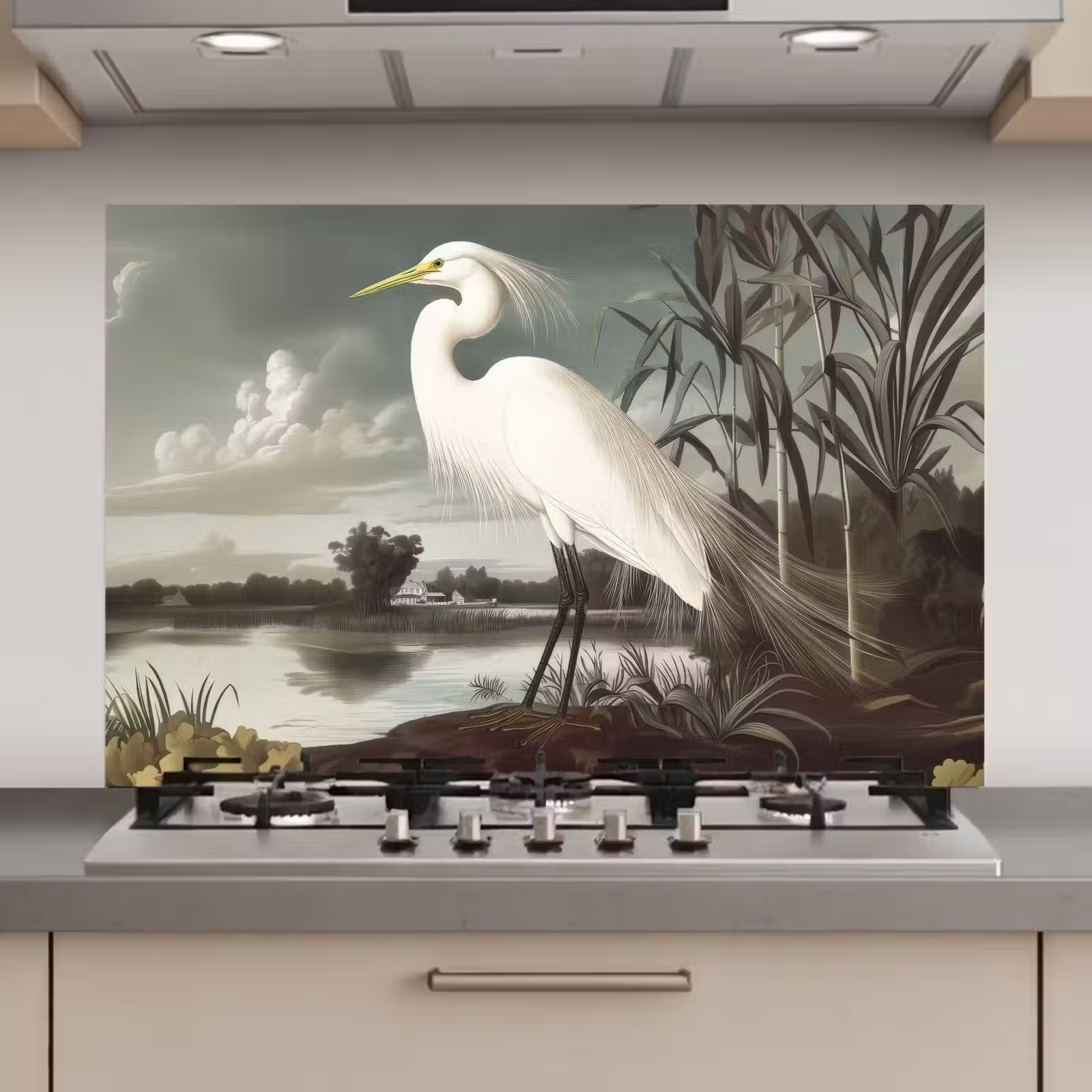 Spatscherm keuken - Reiger - Planten - Wolken - Wit — 1