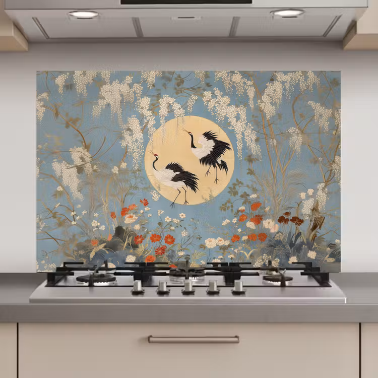 Spatscherm keuken - Kraanvogels - Maan - Bloemen - Blauw — 1