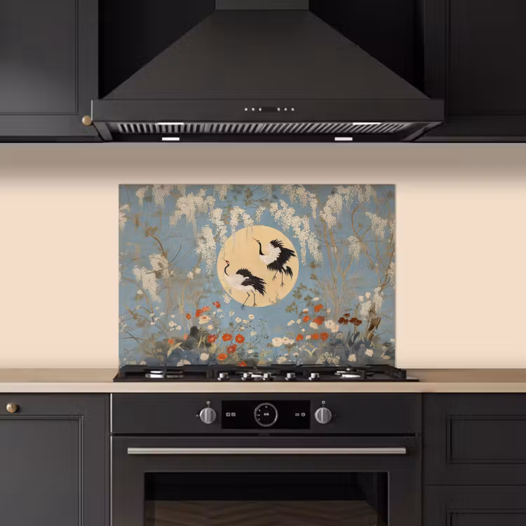 Spatscherm keuken - Kraanvogels - Maan - Bloemen - Blauw — 2