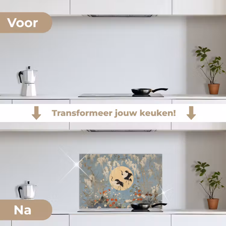 Spatscherm keuken - Kraanvogels - Maan - Bloemen - Blauw — 3