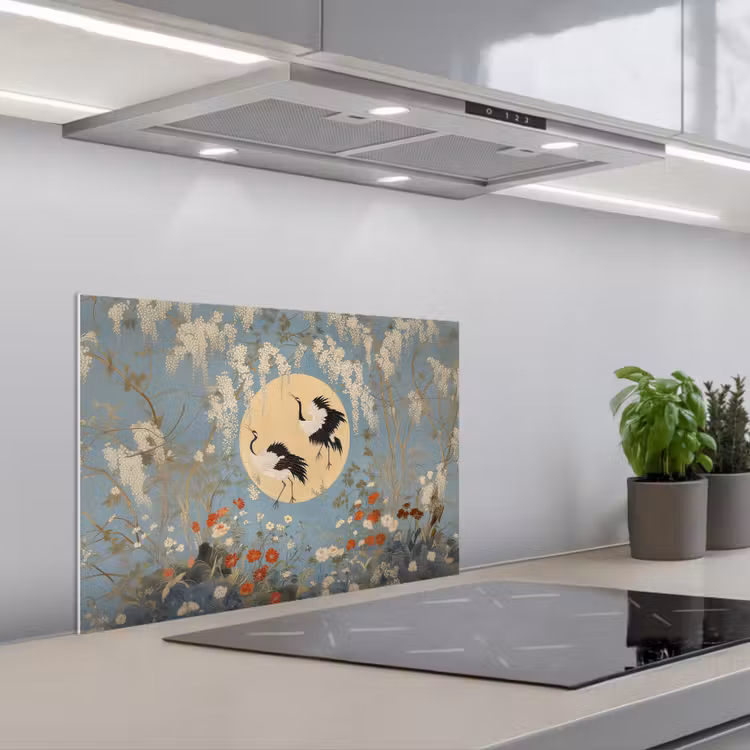 Spatscherm keuken - Kraanvogels - Maan - Bloemen - Blauw — 5