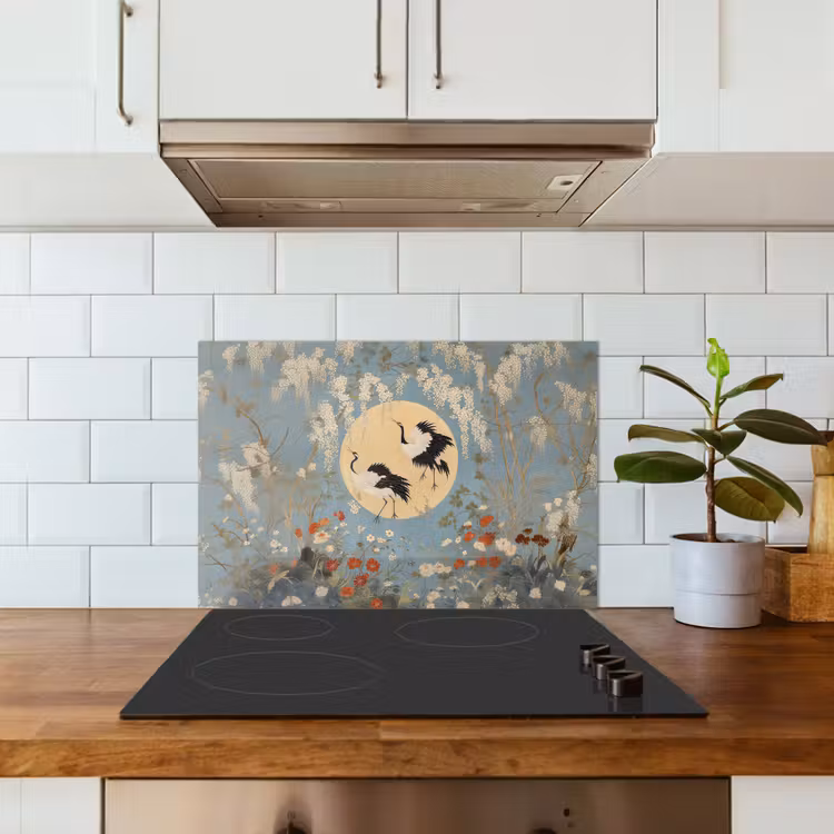Spatscherm keuken - Kraanvogels - Maan - Bloemen - Blauw — 6