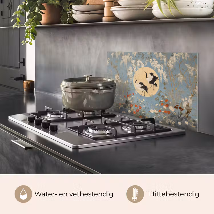 Spatscherm keuken - Kraanvogels - Maan - Bloemen - Blauw — 7