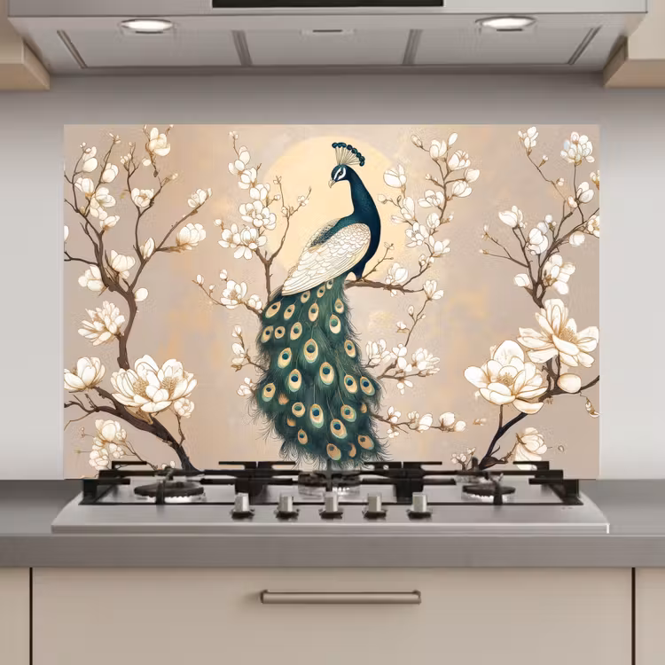 Spatscherm keuken - Pauw - Tak - Bloemen — 1