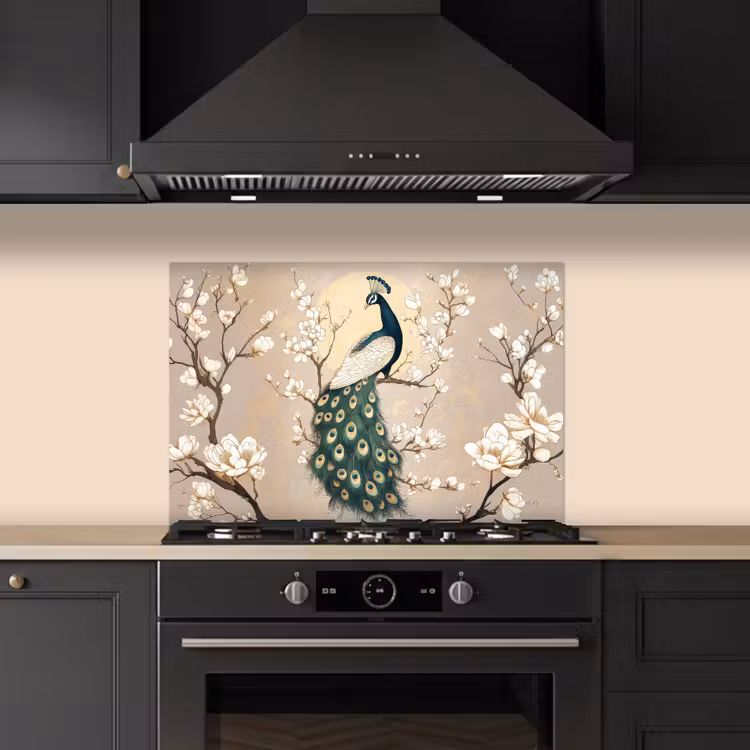 Spatscherm keuken - Pauw - Tak - Bloemen — 2