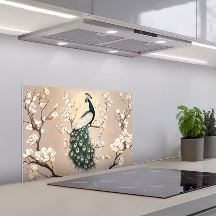 Spatscherm keuken - Pauw - Tak - Bloemen — 5