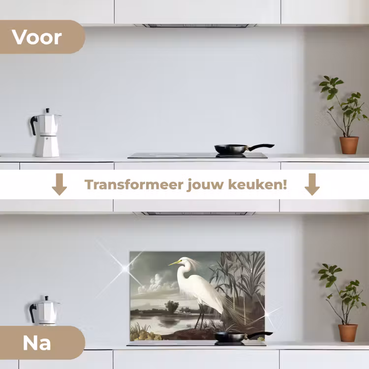 Spatscherm keuken - Reiger - Planten - Wolken - Wit — 3