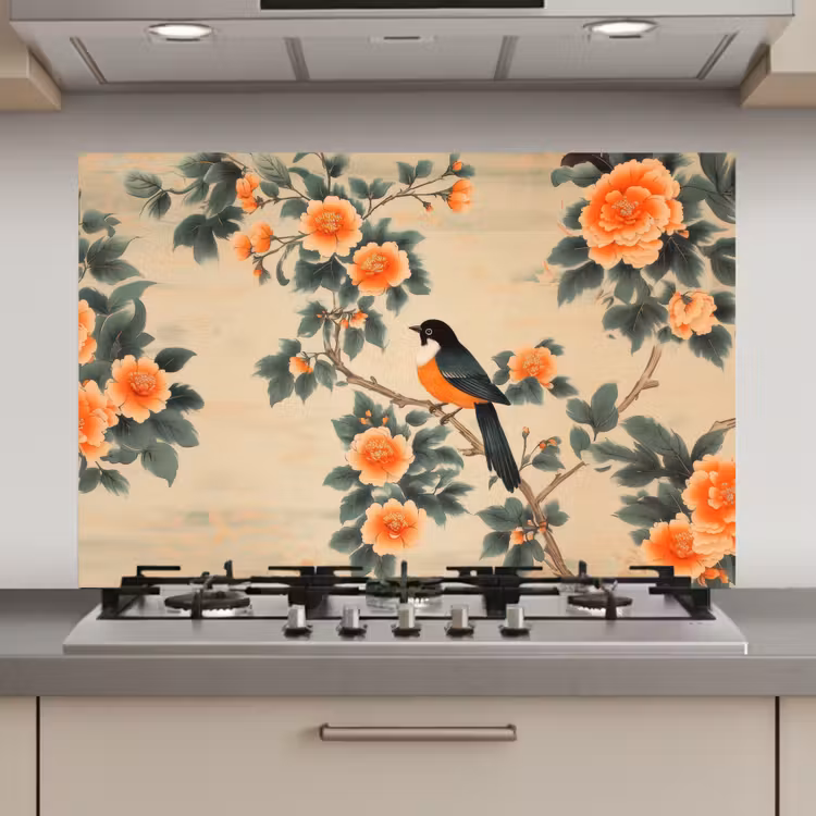 Spatscherm keuken - Vogel - Tak - Bloemen - Oranje — 1