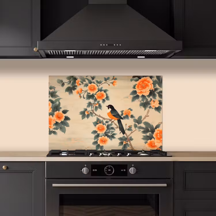 Spatscherm keuken - Vogel - Tak - Bloemen - Oranje — 2