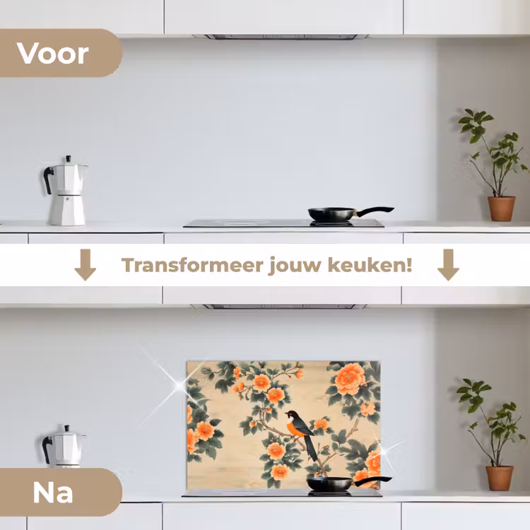 Spatscherm keuken - Vogel - Tak - Bloemen - Oranje — 3