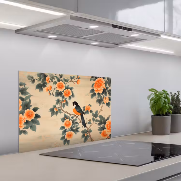 Spatscherm keuken - Vogel - Tak - Bloemen - Oranje — 5