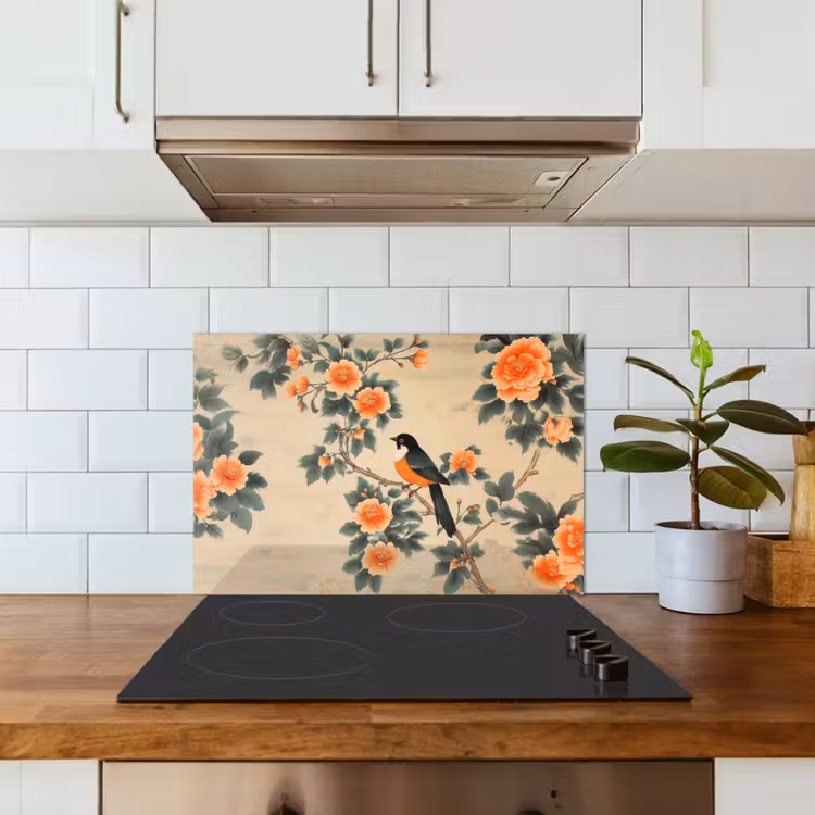 Spatscherm keuken - Vogel - Tak - Bloemen - Oranje — 6