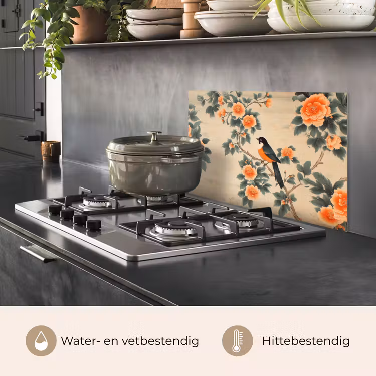 Spatscherm keuken - Vogel - Tak - Bloemen - Oranje — 7