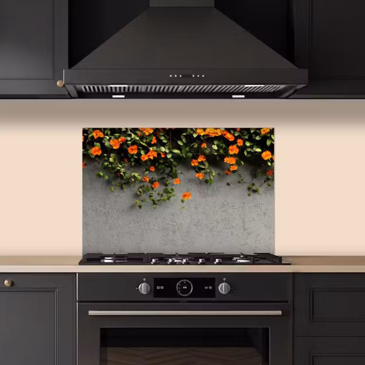 Spatscherm keuken - Bloemen - Muur - Oranje — 1
