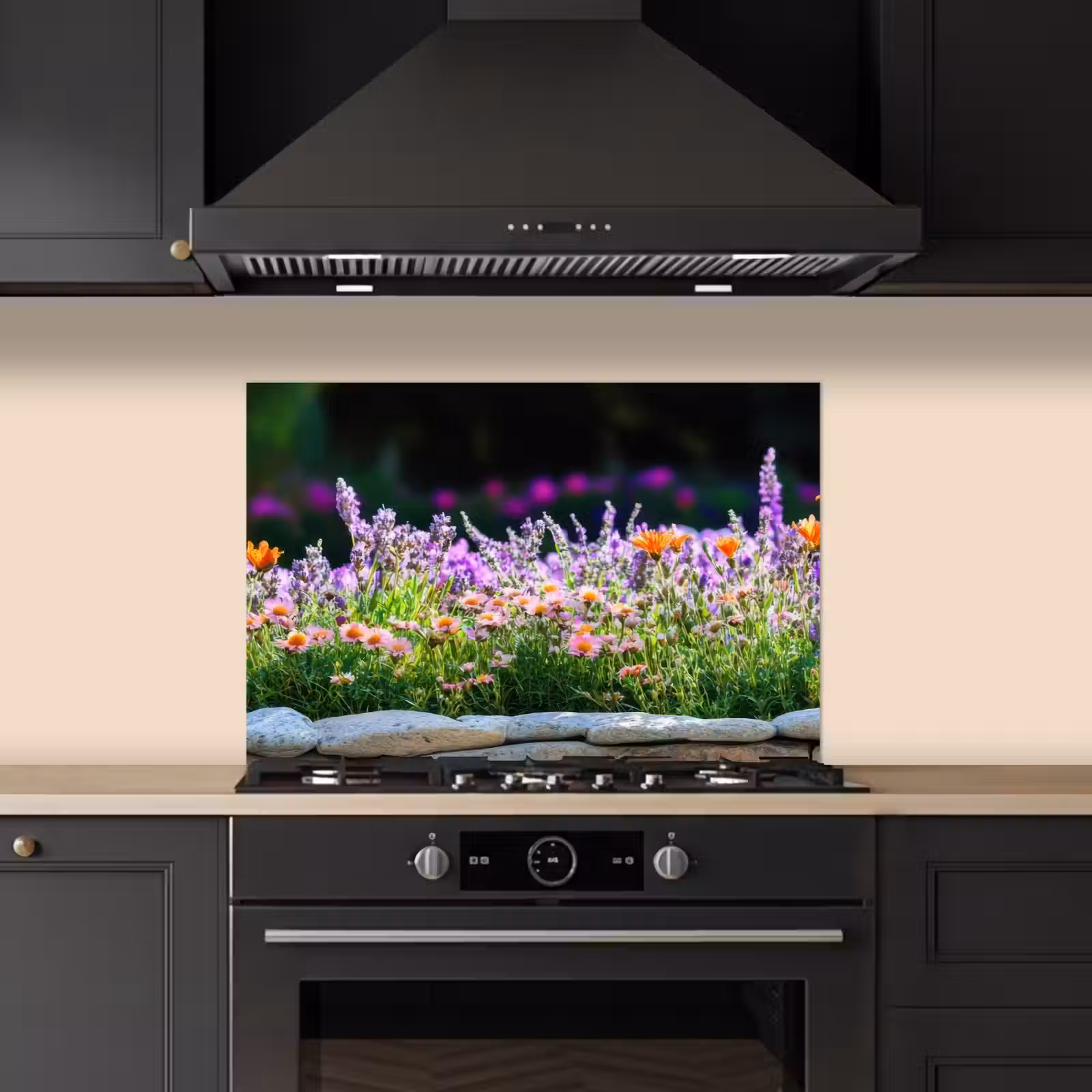 Spatscherm keuken - Bloemen - Steenrand - Kleurrijk — 1