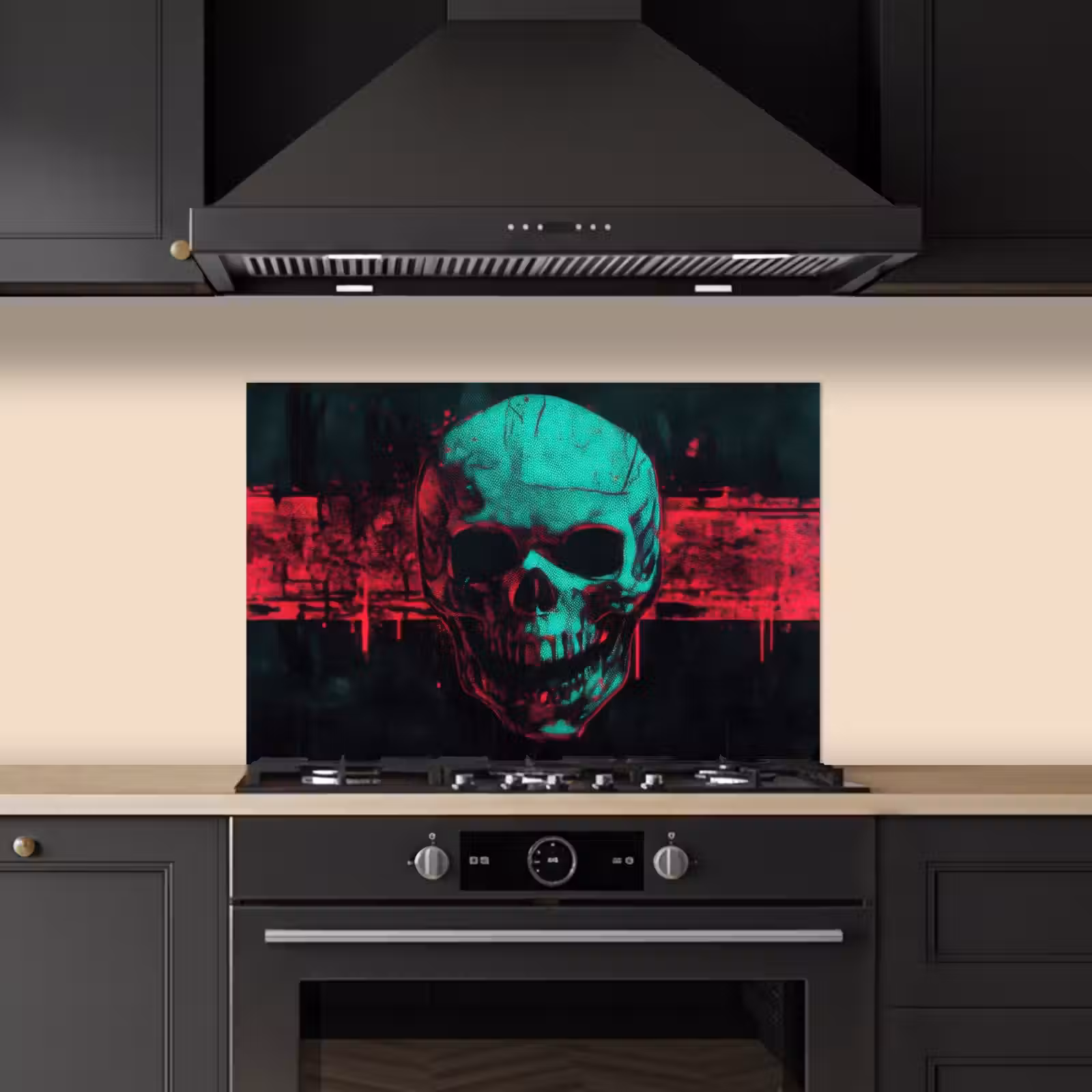 Spatscherm keuken - Schedel - Cyberpunk - Neon Rood — 1
